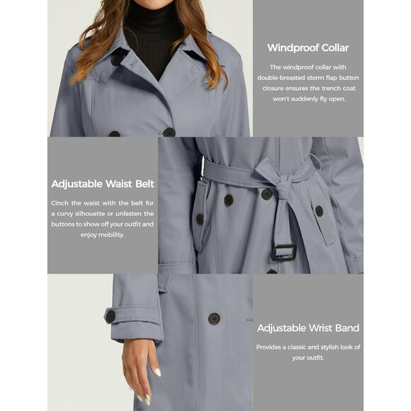 Women's Grey Waterproof Trench Coat with Classic Lapel and Belted Design - Picture 5 of 6